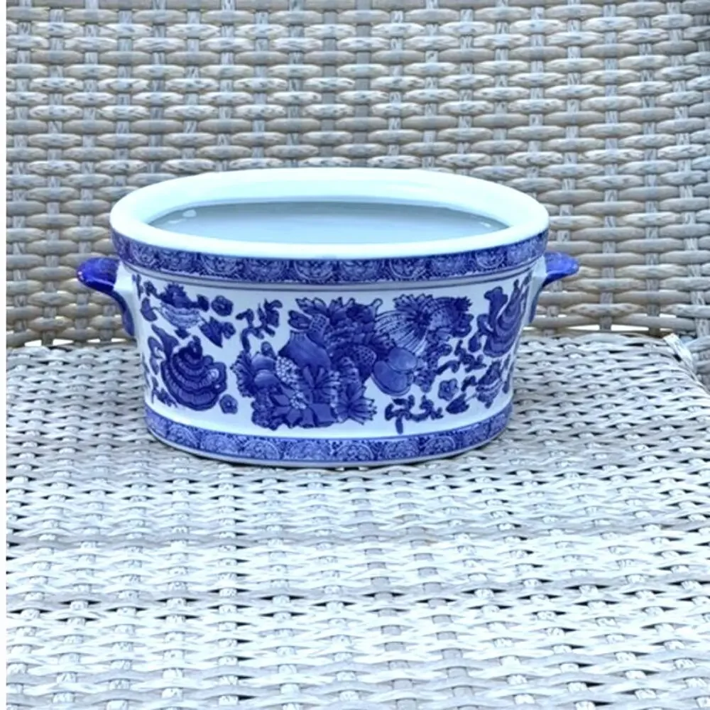 Blue & White Porcelain Chinoiserie Oval Cachepot Planter